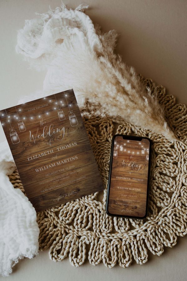 Barn Wood and Jar Lights QR Code Rustic Wedding Invitation Template