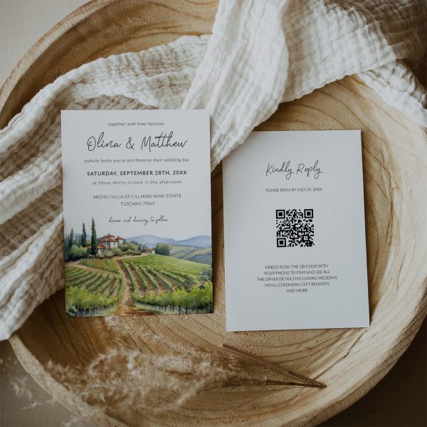 Watercolor Tuscany Wedding Invitation Template with QR Code