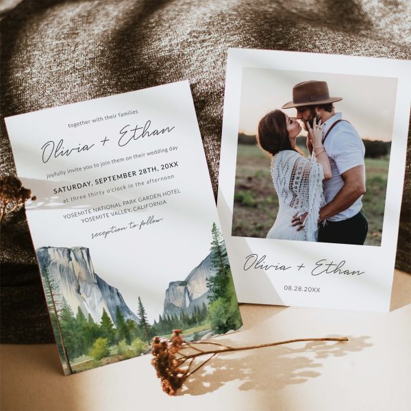 Watercolor Yosemite Valley Wedding Invitation Template with Photo