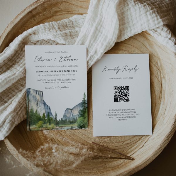 Watercolor Yosemite Valley Wedding Invitation Template with QR Code