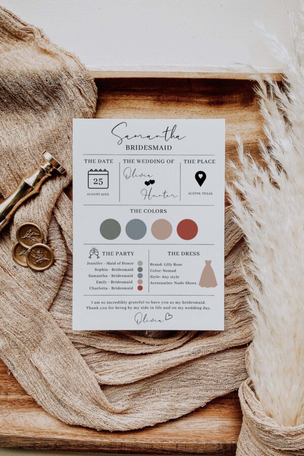 Editable Bridesmaid Info Card Template