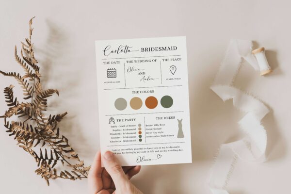 Editable Bridesmaid Information Card Template