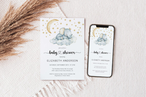 Sleepy Elephant Baby Shower Invitation Boy