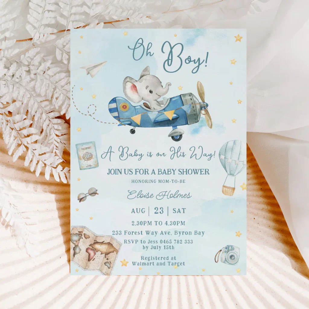 cute elephant plane adventure baby shower invitation